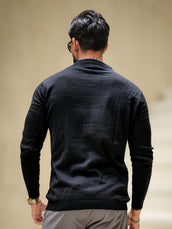 Ripped Knit Black Full Sleeve Polo T-Shirt