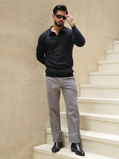 Ripped Knit Black Full Sleeve Polo T-Shirt