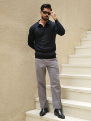 Ripped Knit Black Full Sleeve Polo T-Shirt