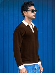 FlatKnit Wave Brown Full Sleeve Polo T-Shirt
