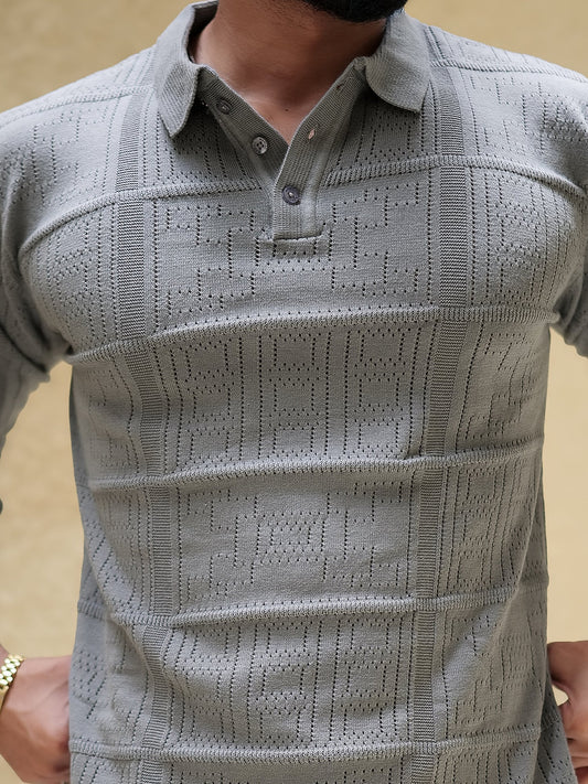Pointel Grey Full Sleeve Polo T-Shirt