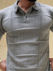 Pointel Grey Full Sleeve Polo T-Shirt