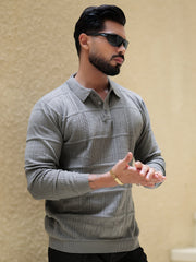 Pointel Grey Full Sleeve Polo T-Shirt