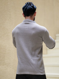 Classic Rib Grey Full Sleeve Polo T-Shirt