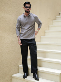 Classic Rib Grey Full Sleeve Polo T-Shirt