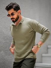 Checked Knit Light Green Full Sleeve Polo T-Shirt