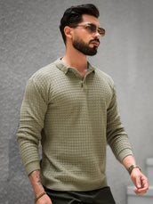 Checked Knit Light Green Full Sleeve Polo T-Shirt