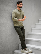 Checked Knit Light Green Full Sleeve Polo T-Shirt