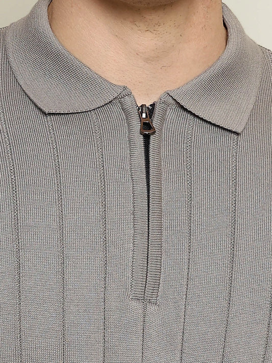 Brooklyn FlatKnit Steel Grey Full Sleeve Polo T-Shirt