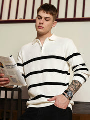 White GenZ Full Sleeve Half-Zip Polo T-Shirt