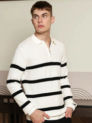 White GenZ Full Sleeve Half-Zip Polo T-Shirt