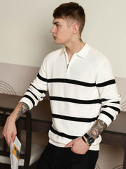GenZ Stripe FlatKnit White Full Sleeve Polo T-Shirt