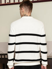 GenZ Stripe FlatKnit White Full Sleeve Polo T-Shirt
