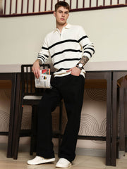 GenZ Stripe FlatKnit White Full Sleeve Polo T-Shirt