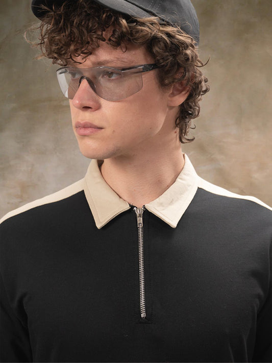 Sleeve CutPanel Black Full Sleeve Polo T-Shirt