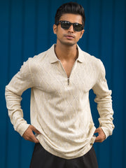 Raw Texture Cream Full Sleeve Polo T-Shirt