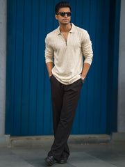 Raw Texture Cream Full Sleeve Polo T-Shirt
