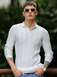Fusion Knit White Full Sleeve Polo T-Shirt