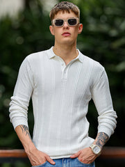 Fusion Knit White Full Sleeve Polo T-Shirt