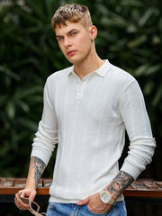 Fusion Knit White Full Sleeve Polo T-Shirt