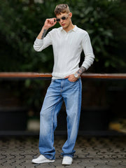 Fusion Knit White Full Sleeve Polo T-Shirt