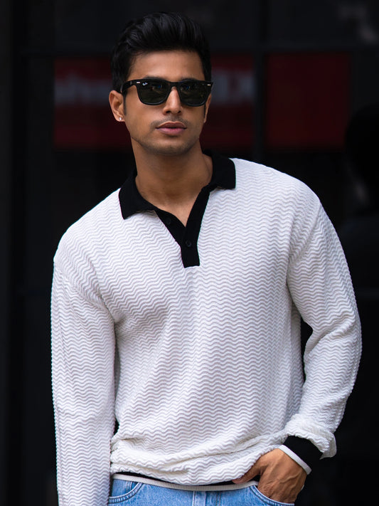 FlatKnit Wave White Full Sleeve Polo T-Shirt