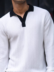 FlatKnit Wave White Full Sleeve Polo T-Shirt