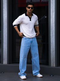 FlatKnit Wave White Full Sleeve Polo T-Shirt