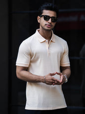 Cream half sleeve drop knit polo t-shirt for men - view 3