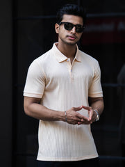 Drop Knit Cream Polo T-Shirt