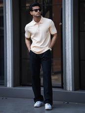 Cream half sleeve drop knit polo t-shirt for men - view 7