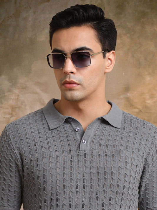 Cable Flatknit Dark Grey Half Sleeve Polo T-Shirt