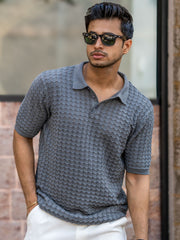 Cable Flatknit Dark Grey Half Sleeve Polo T-Shirt