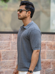 Cable Flatknit Dark Grey Half Sleeve Polo T-Shirt