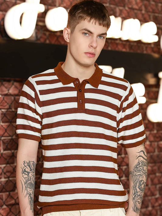 Retro Stripe Brown Half Sleeve Polo T-Shirt