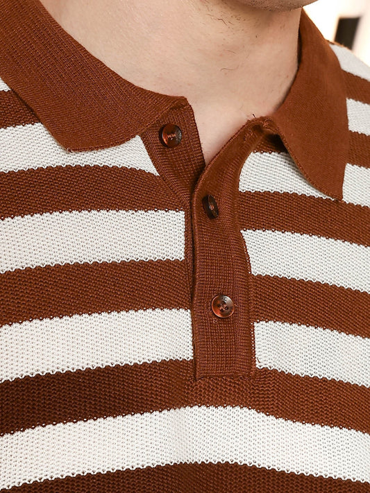 Retro Stripe Brown FlatKnit Half Sleeve Polo T-Shirt