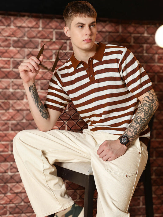 Retro Stripe Brown Half Sleeve Polo T-Shirt