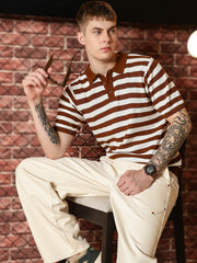 Retro Stripe Brown FlatKnit Half Sleeve Polo T-Shirt