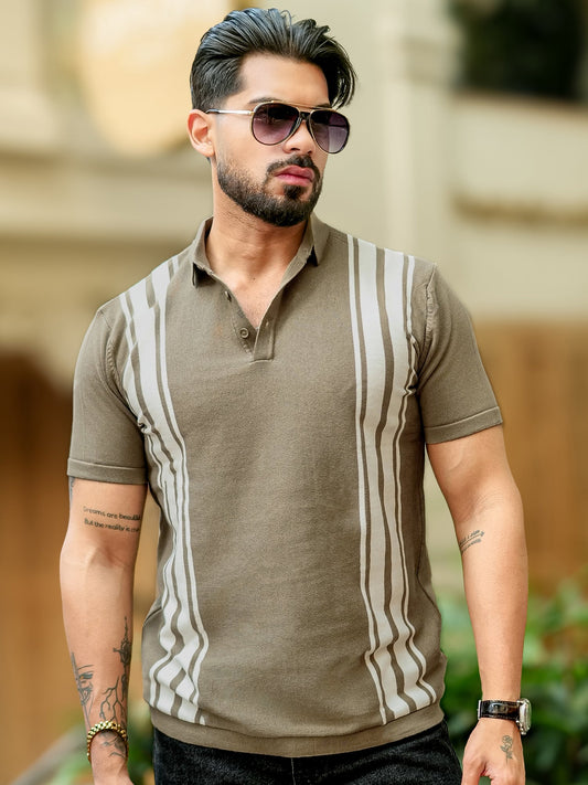 Vertical Stripe Green Flatknit Polo T-Shirt
