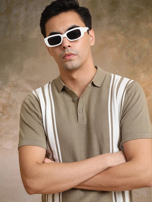 Vertical Stripe Green Flatknit Half Sleeve Polo T-Shirt