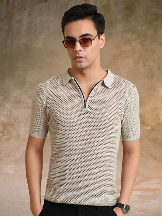 Resort Beige Flatknit Half Sleeve Polo T-Shirt