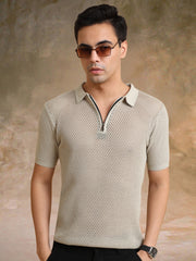 Resort Beige Flatknit Half Sleeve Polo T-Shirt