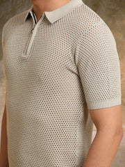 Resort Beige Flatknit Half Sleeve Polo T-Shirt