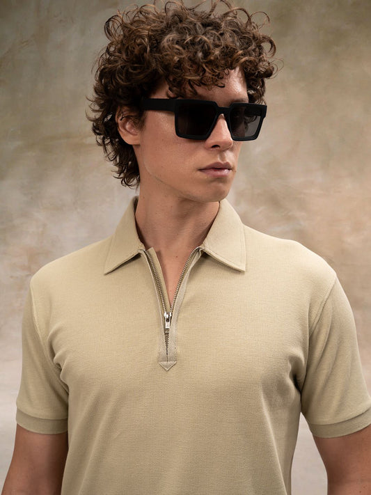 Beige Half Zipper Polo Half Sleeve T-Shirt