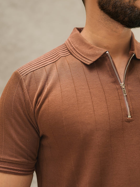Brooklyn Shoulder Panel Brown Half Sleeve Polo T-Shirt