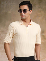 DropKnit Cream Polo Zipper Half Sleeve T-Shirt
