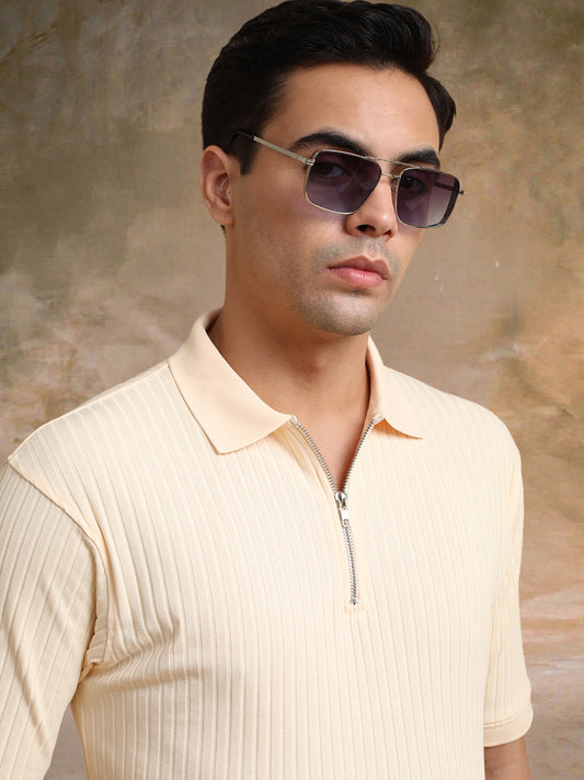 DropKnit Cream Polo Zipper Half Sleeve T-Shirt