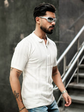 Half white half sleeve flex rib polo t-shirt for men - view 3