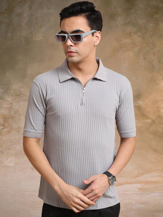 DropKnit Light Grey Polo Half Sleeve T-Shirt