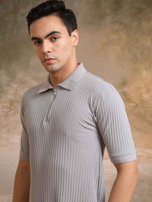 DropKnit Light Grey Polo Half Sleeve T-Shirt